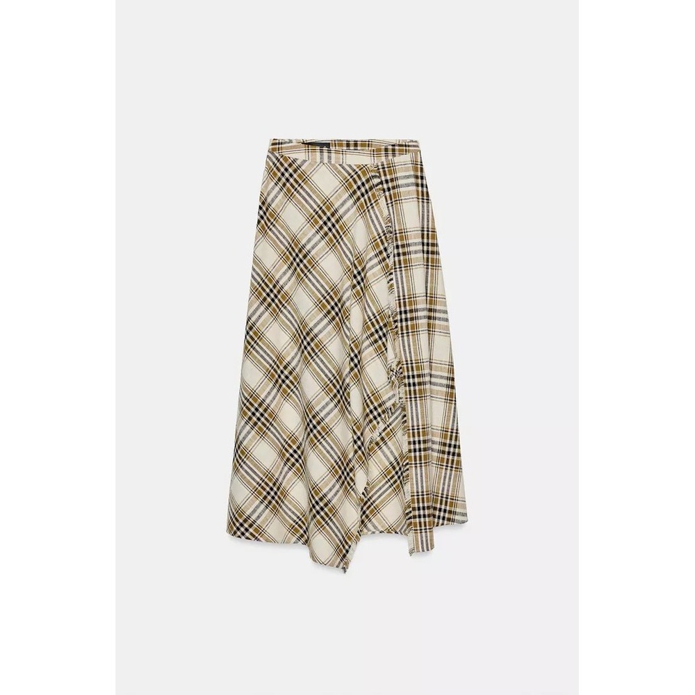 Zara Plaid Asymmetrical Midi Skirt NWT Cream Tan Black Fringe Wrap Fall Size  L